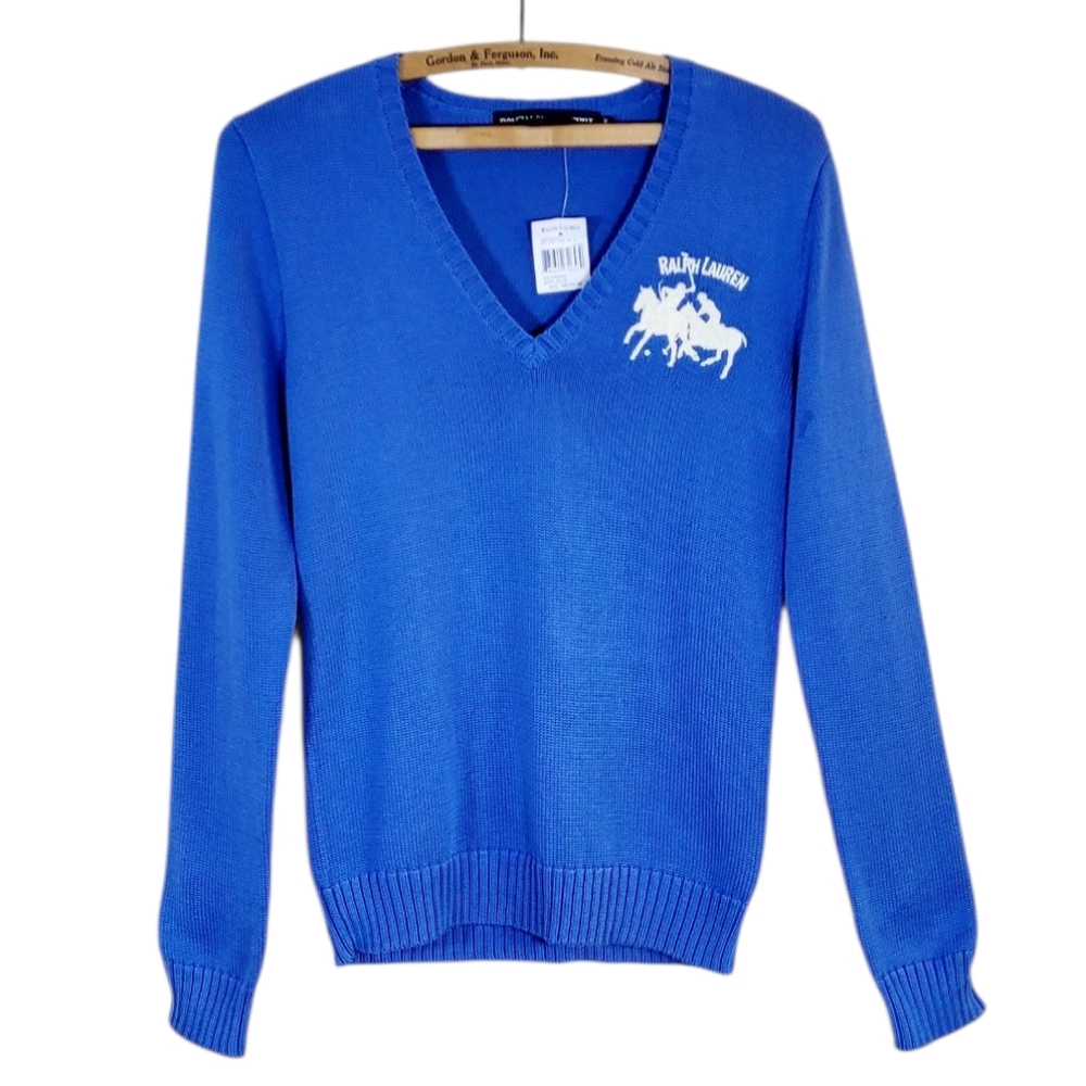 NWT RALPH LAUREN SPORT Big Pony Embroidered Polo Match Logo Blue V-Neck Sweater